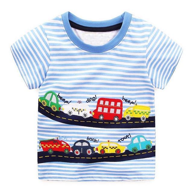 Car Toy Design Blue Striped Round Neck T Shirts for Boy