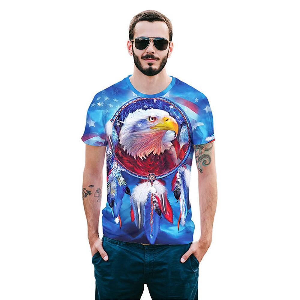 Digital Eagle 3D Printed Round Neck Colorful Tees for Men