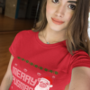beautiful woman taking a selfie mockup while wearing a round neck tee at a studio a17044