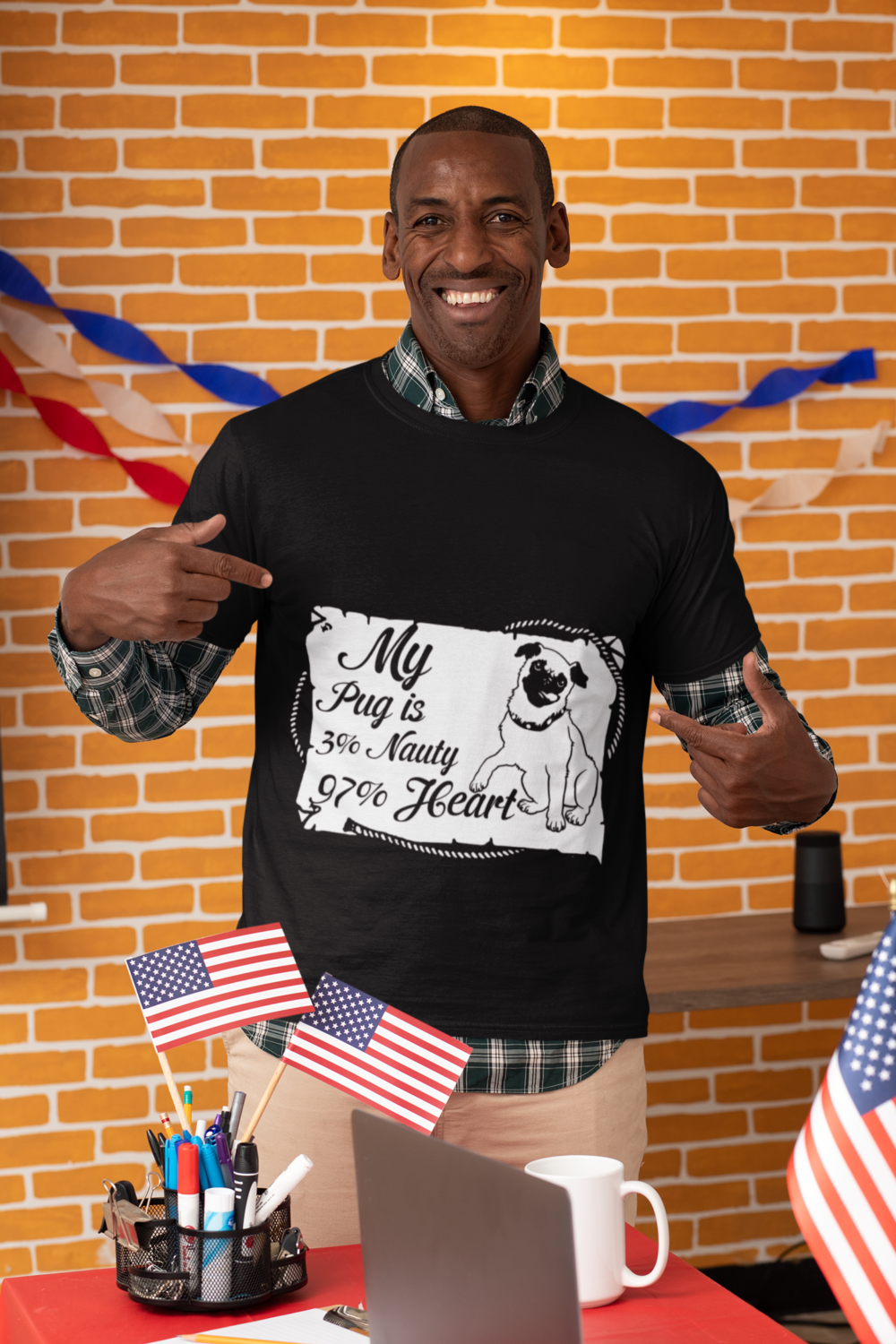 mockup of a man pointing at his t shirt with a political slogan 31932