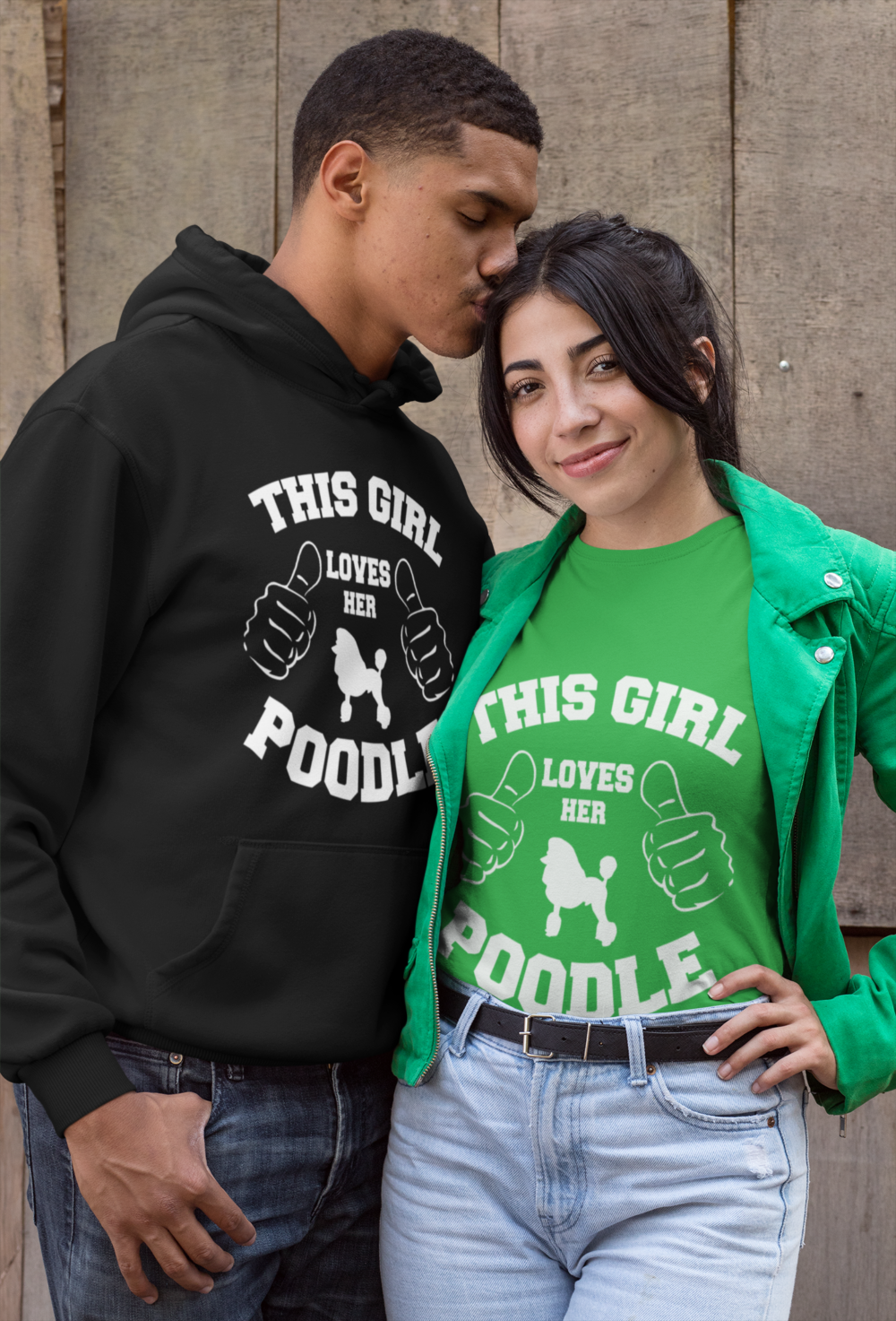 mockup of a man with a hoodie kissing a woman wearing a t shirt 30534