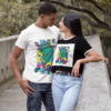mockup of a man with a t shirt and a woman with a ringer crop top at a park 20529