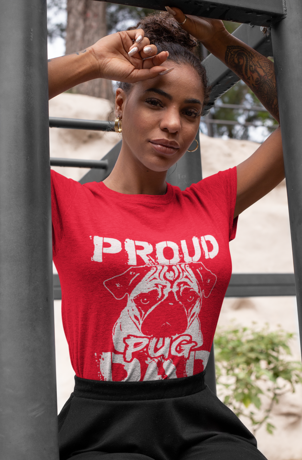 mockup of a woman wearing a heather t shirt and hoops 28635