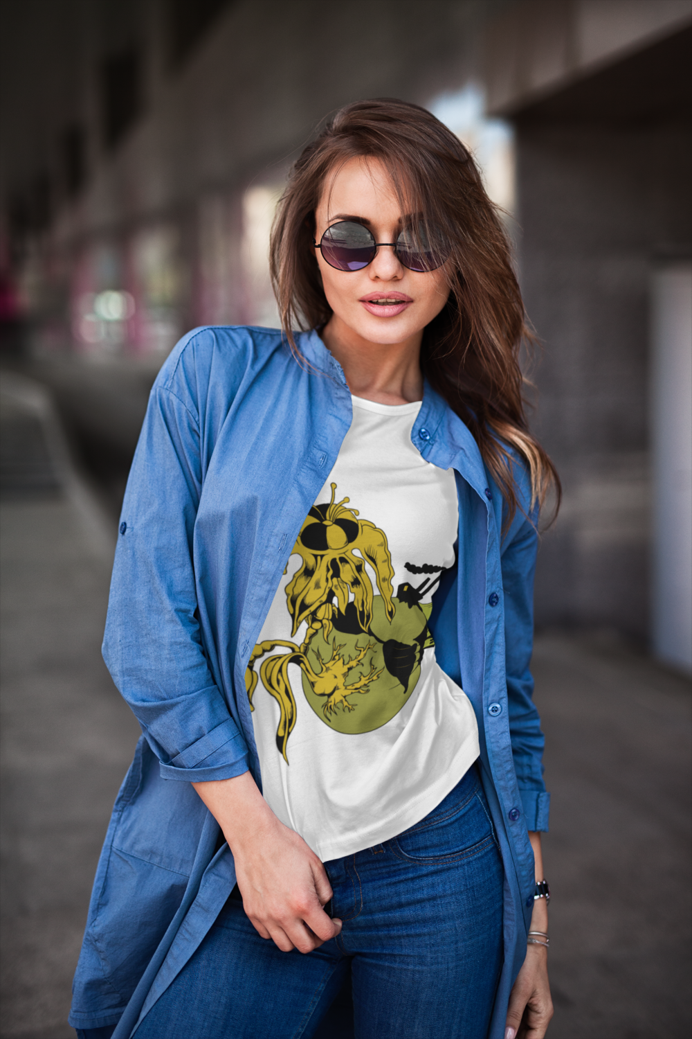 mockup of a woman with a crewneck t shirt and sunglasses posing on the street 1196 el1 1