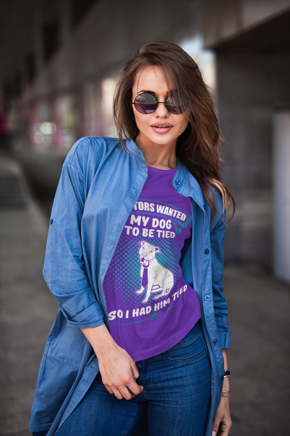 mockup of a woman with a crewneck t shirt and sunglasses posing on the street 1196 el1