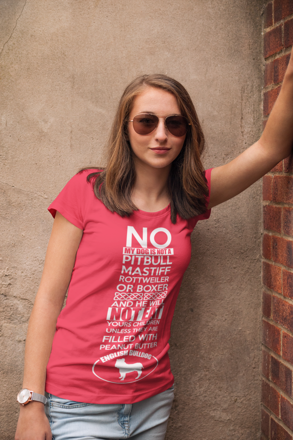 mockup of a woman with a tee leaning on a brick wall 2763 el1