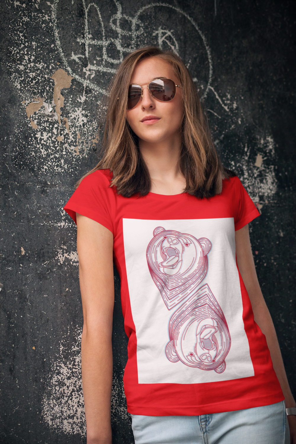 mockup of a young woman wearing a t shirt and leaning against an urban wall 2759 el1