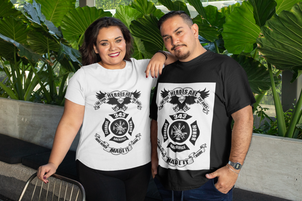 mockup of two friends wearing plus size t shirts at a restaurant 31076