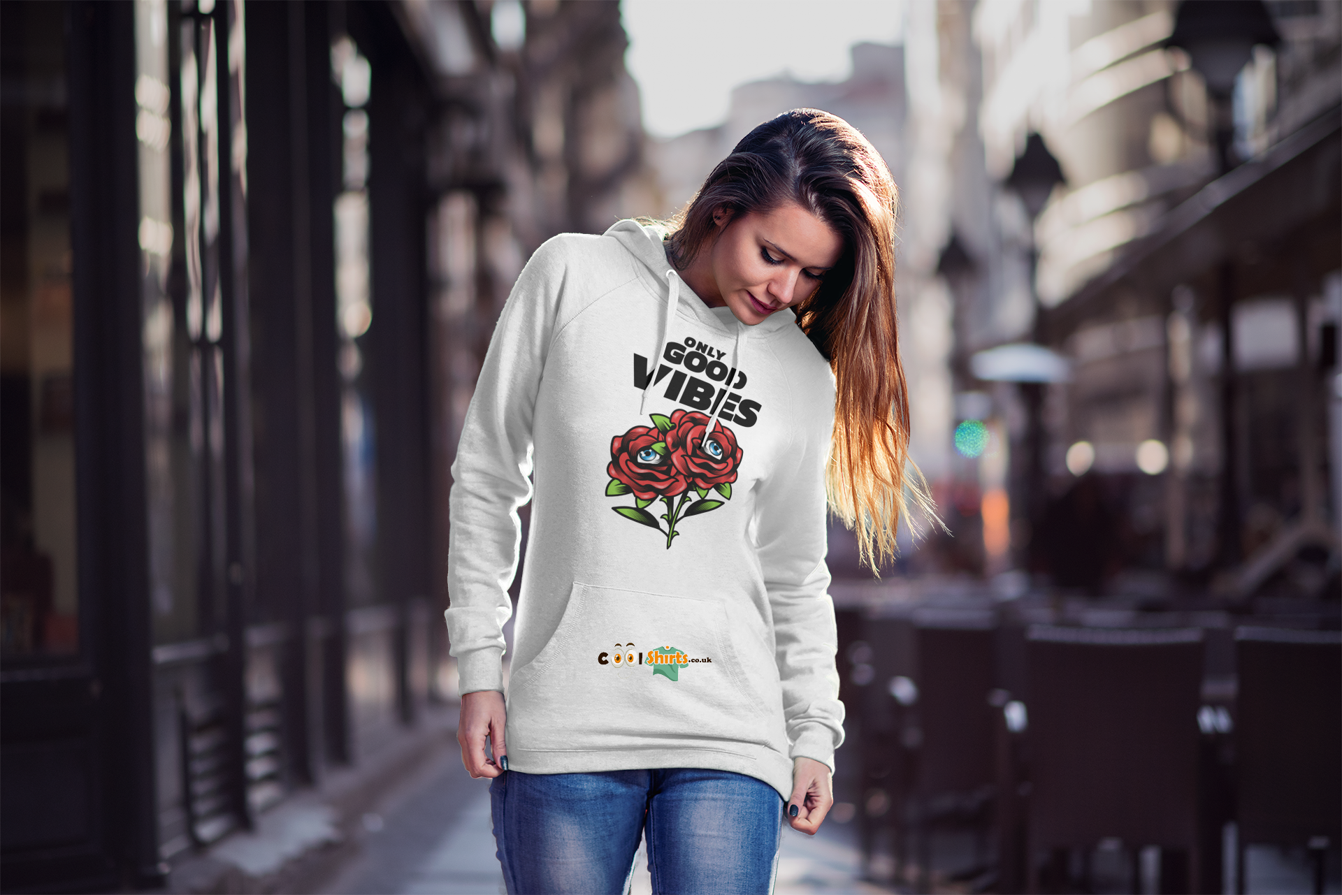 pullover hoodie featuring a woman in the street