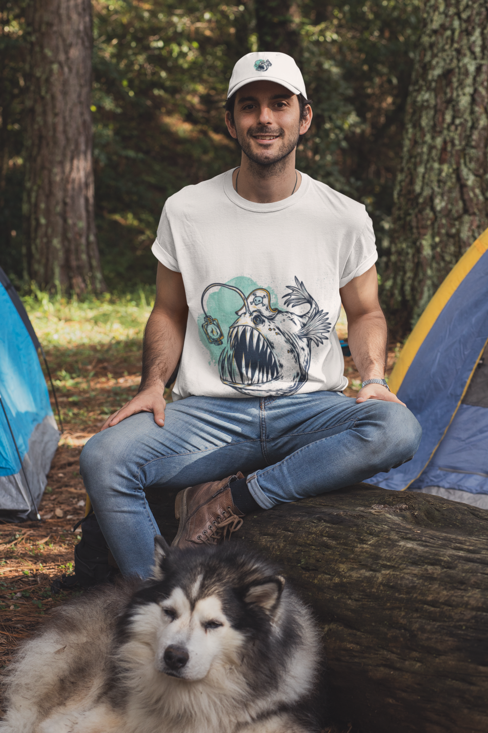 t shirt and dad hat mockup of a man at a camping site with his dog 30475