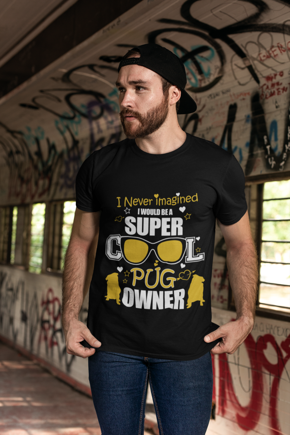t shirt mockup featuring a bearded man with a cap by a graffiti wall 28194