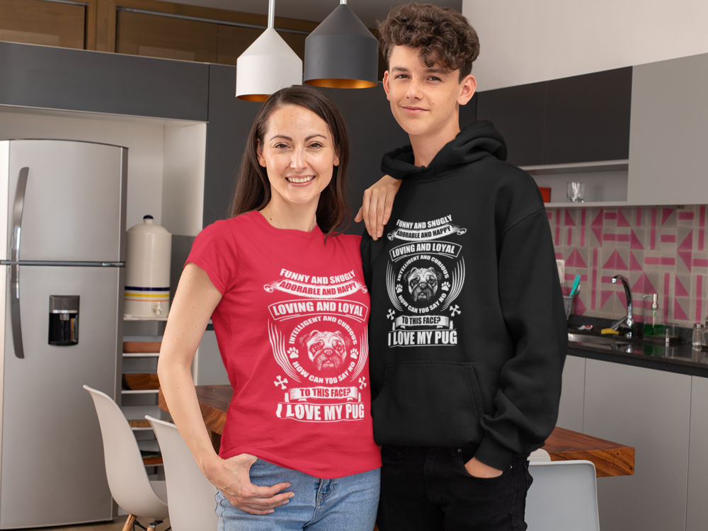 t shirt mockup featuring a mom and her son wearing a hoodie at the kitchen 31441