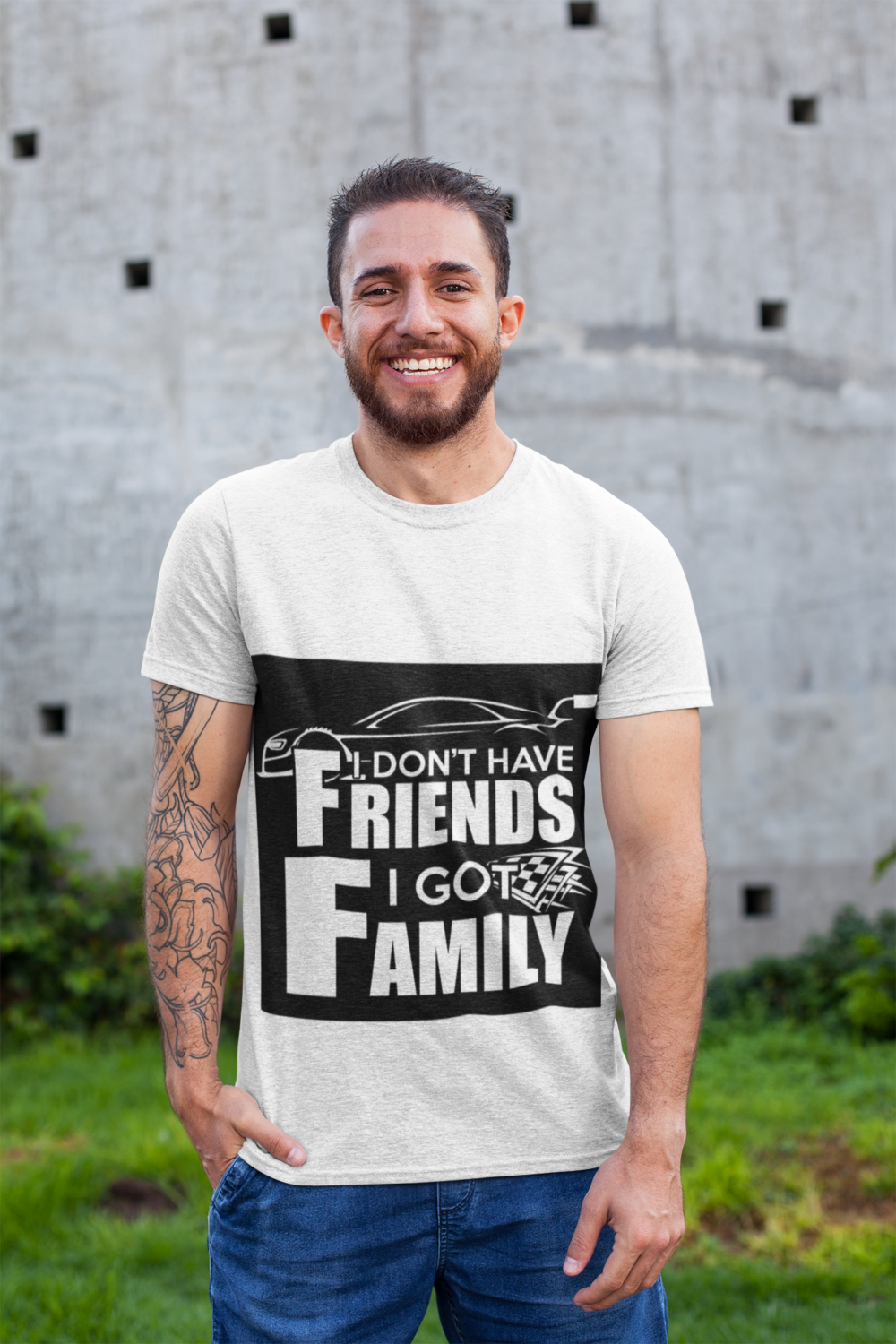 t shirt mockup featuring a smiling man with a tattooed arm 28619 1