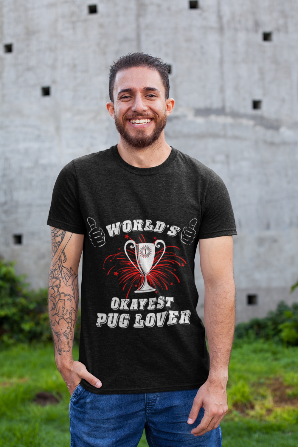 t shirt mockup featuring a smiling man with a tattooed arm 28619
