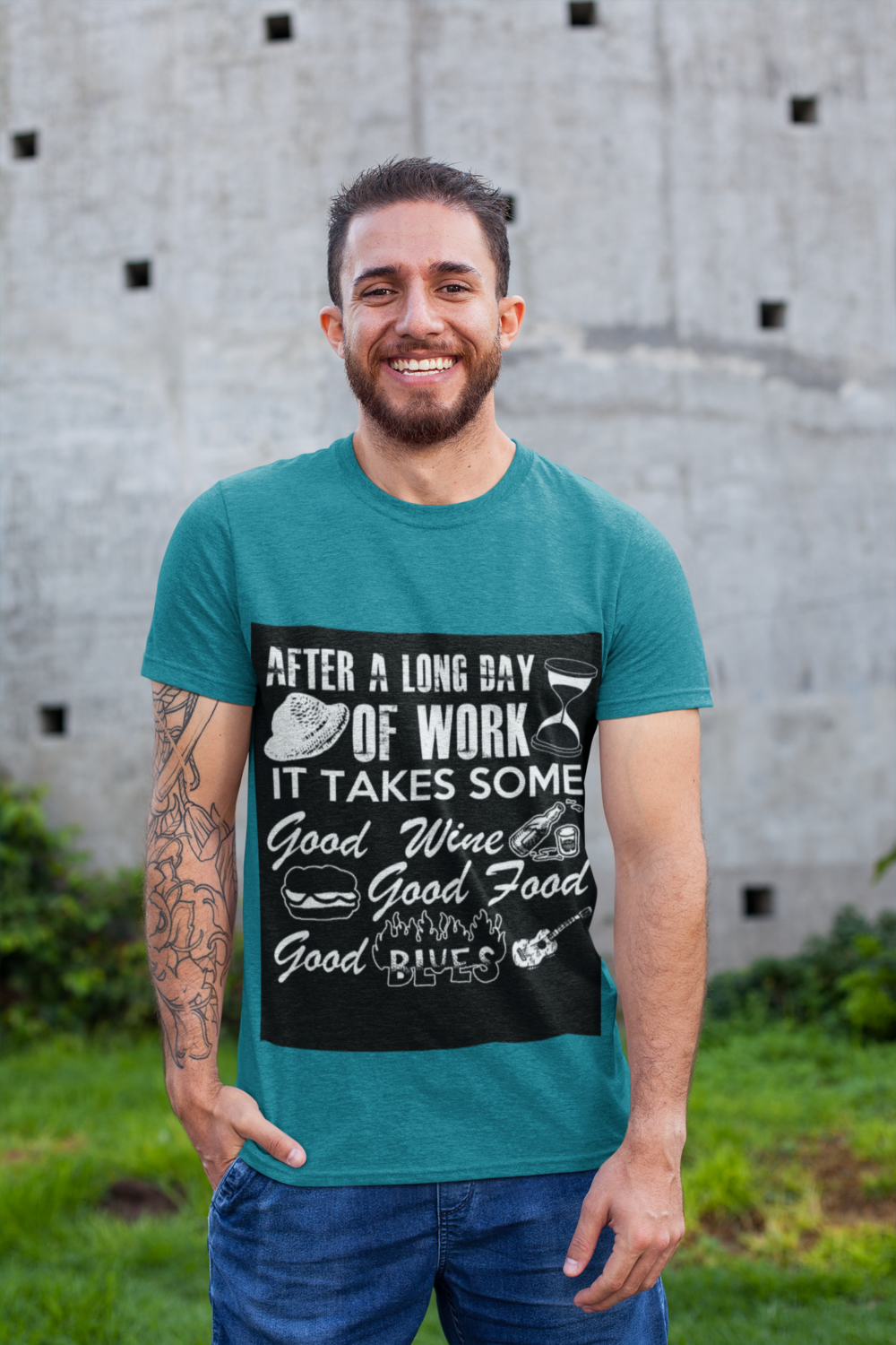 t shirt mockup featuring a smiling man with a tattooed arm 28619 2