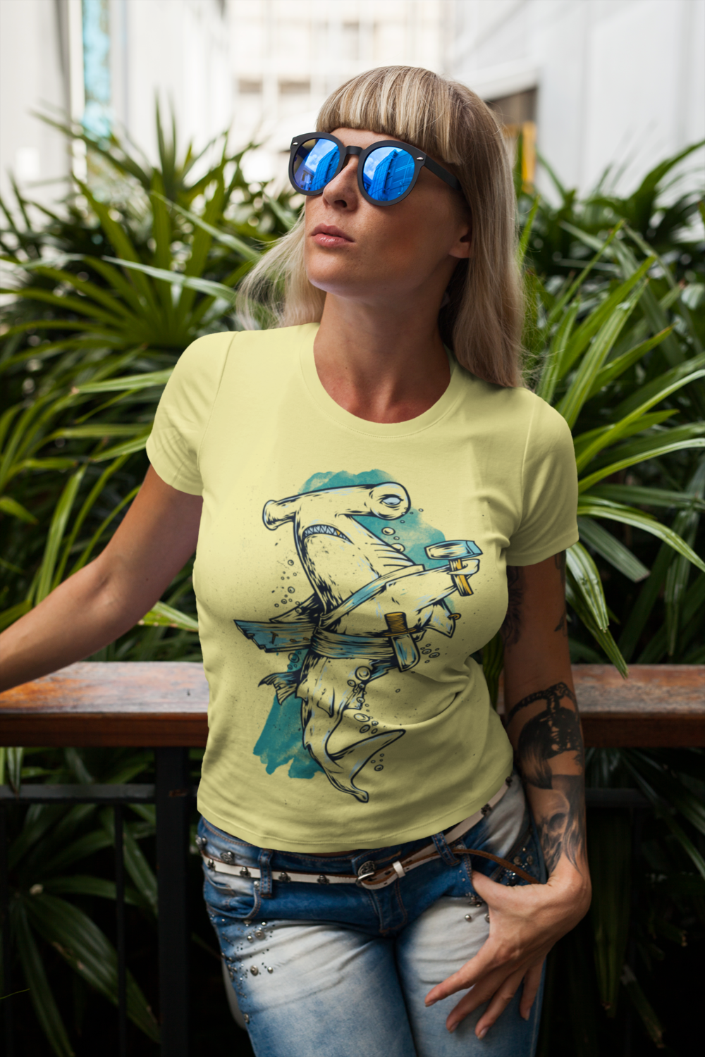 t shirt mockup featuring a stylish tattooed woman with sunglasses 2241 el1 1