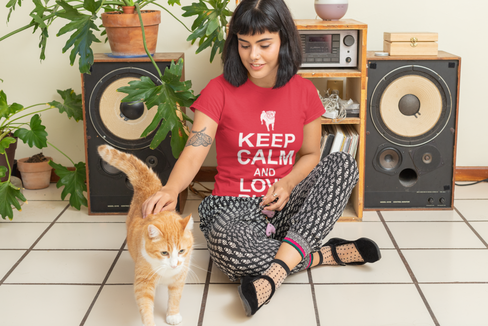 t shirt mockup featuring a woman and her cat at home 30669