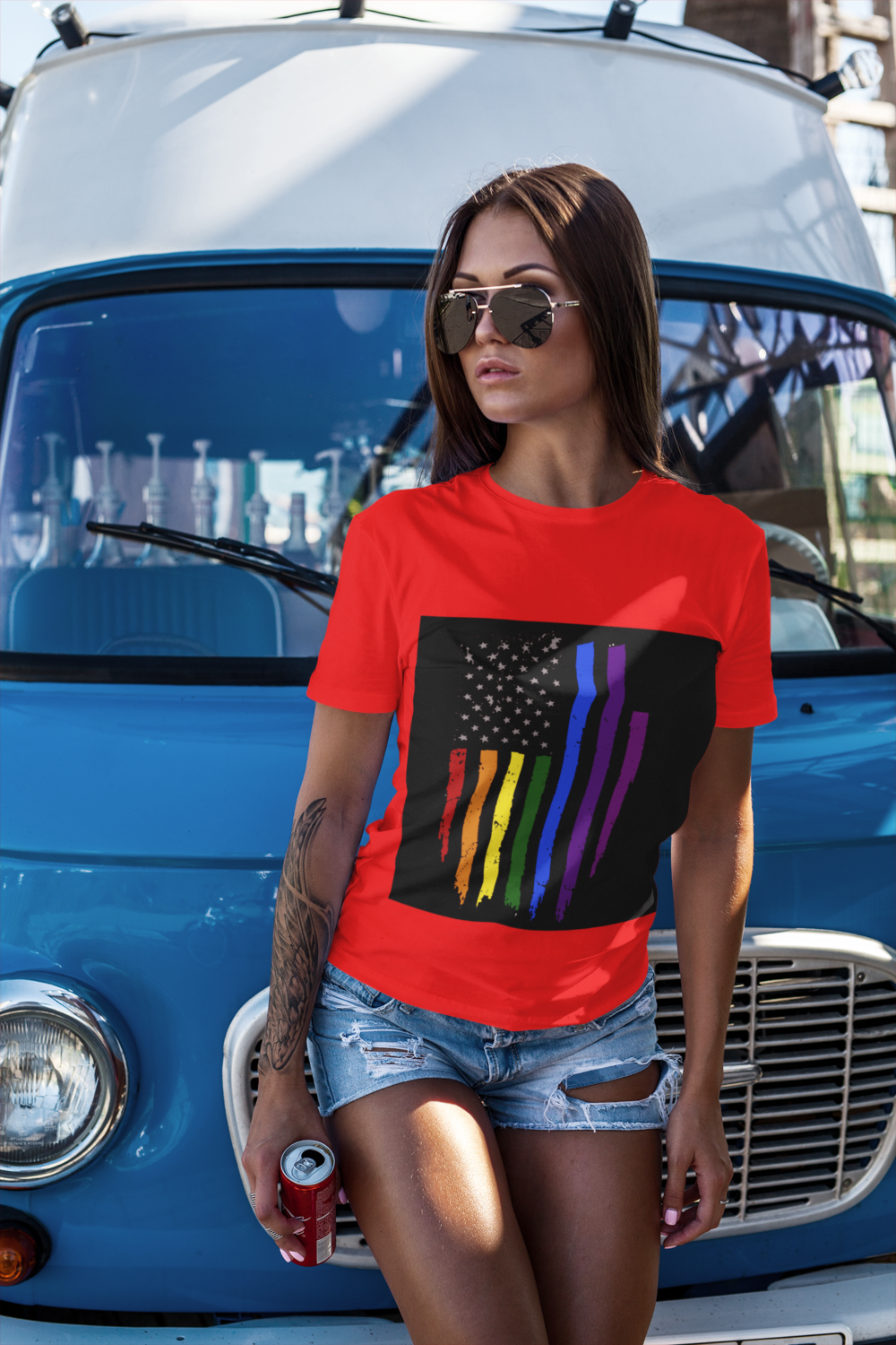 t shirt mockup featuring a woman leaning on a vintage van 2259 el1 24