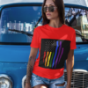 t shirt mockup featuring a woman leaning on a vintage van 2259 el1 24