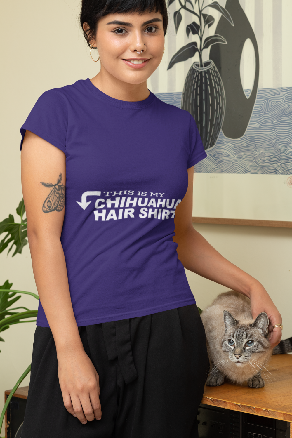 t shirt mockup featuring a woman with her cat at home 30674