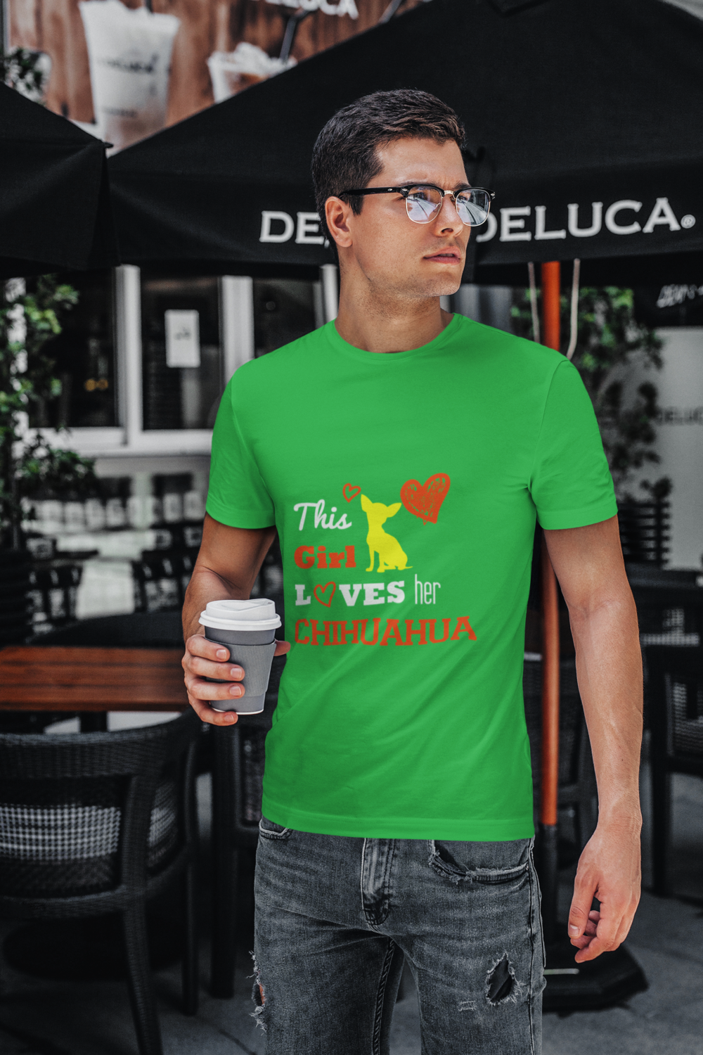 t shirt mockup featuring a young man with glasses drinking coffee 422 el