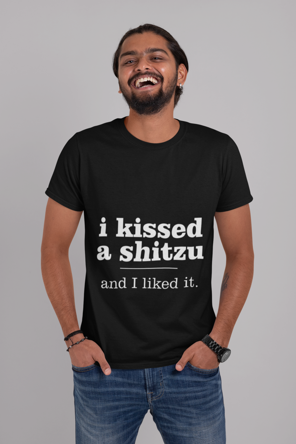 t shirt mockup of a bearded man laughing at a studio 29105