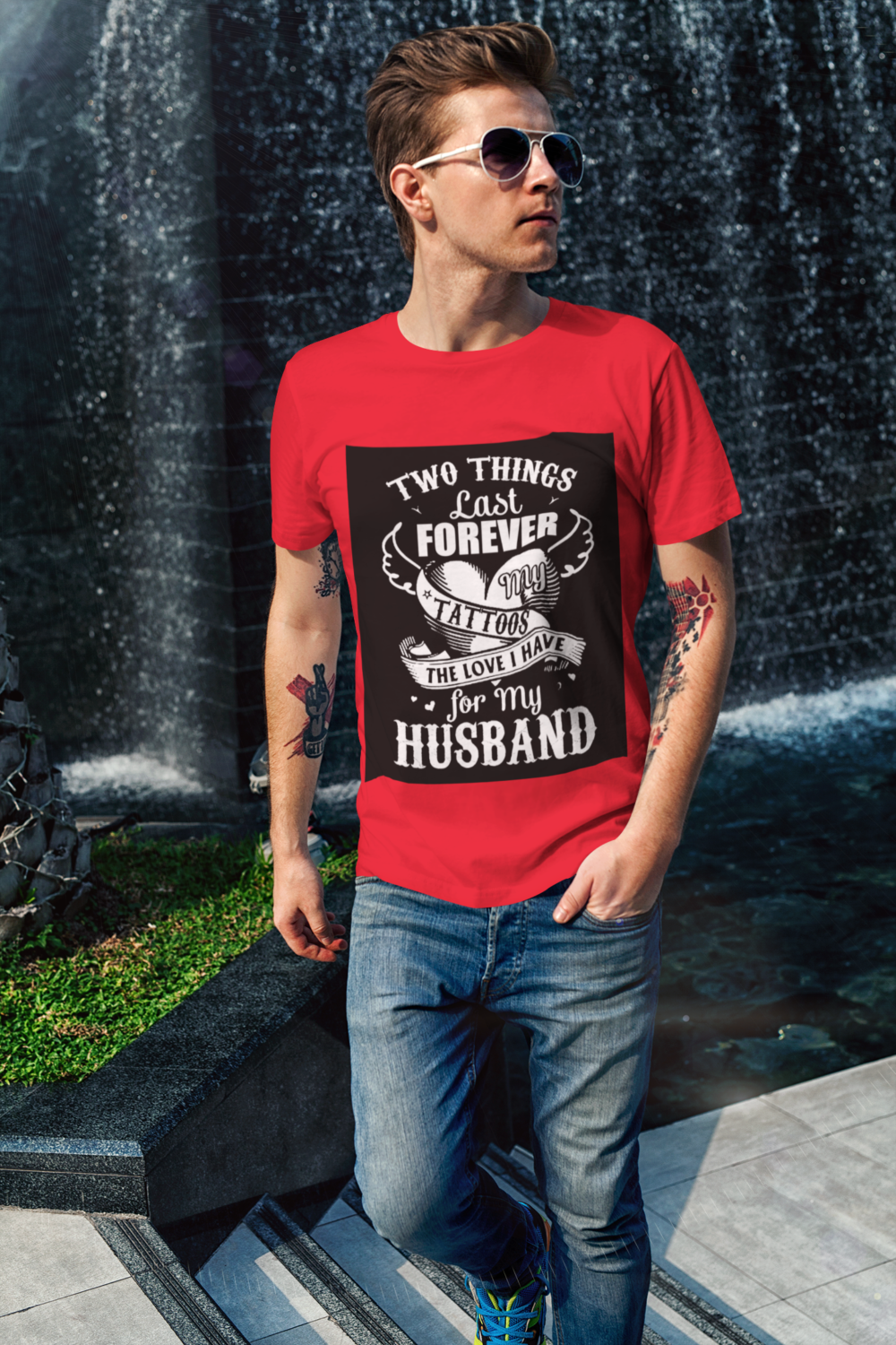 t shirt mockup of a cool man walking by a fountain 2190 el1 1