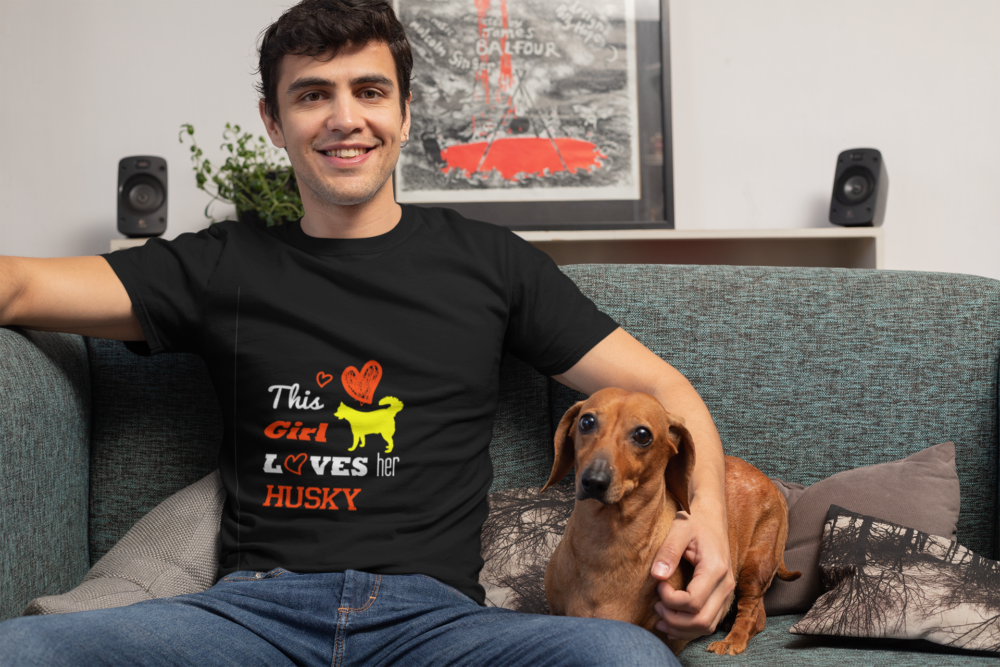 t shirt mockup of a man in the living room with his dog 30680