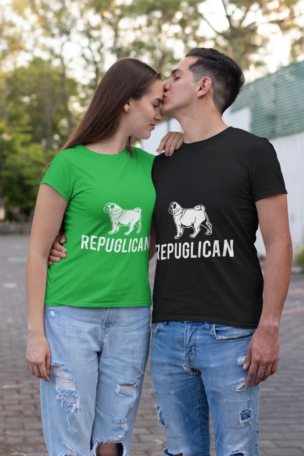 t shirt mockup of a man kissing his girlfriend on the street 30747