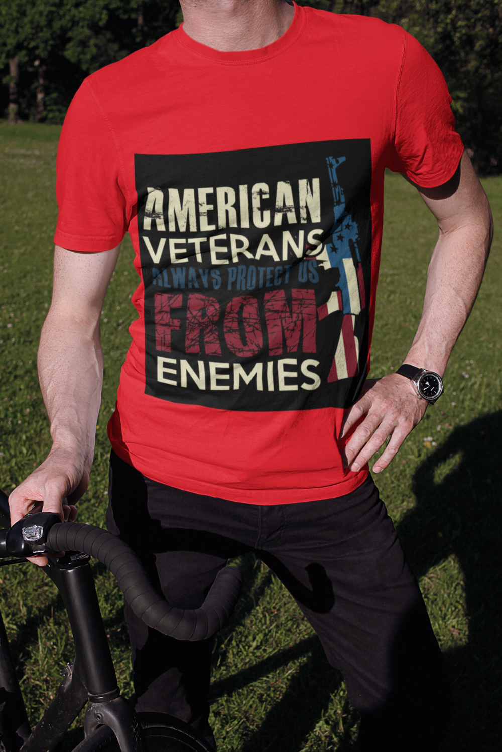 t shirt mockup of a man posing with his bicycle 2017 el1