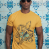 t shirt mockup of a man with sunglasses against a blue tiling 30449