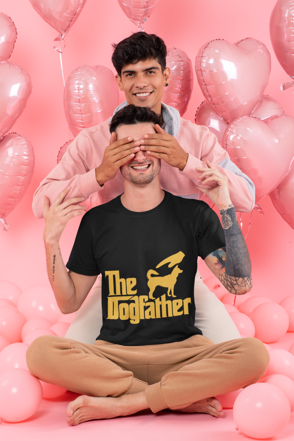 t shirt mockup of a playful couple surrounded by heart shaped balloons 31202