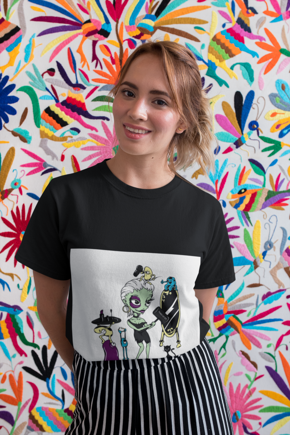 t shirt mockup of a pretty woman smiling in front of a colorful background 26643