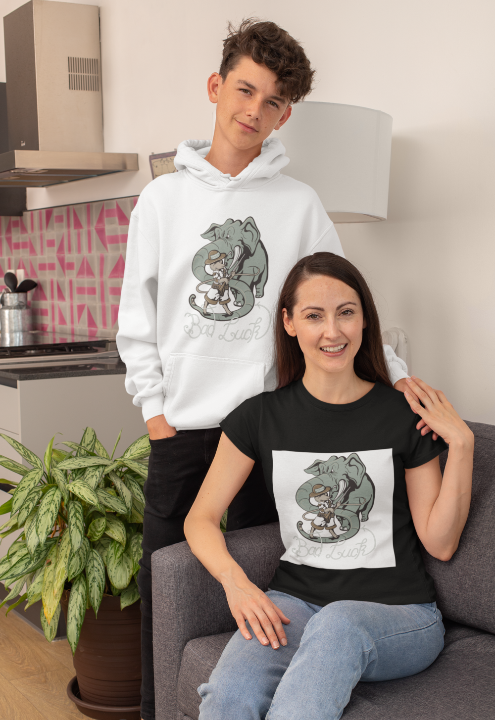 t shirt mockup of a single mom with his teenager son in a hoodie 31440