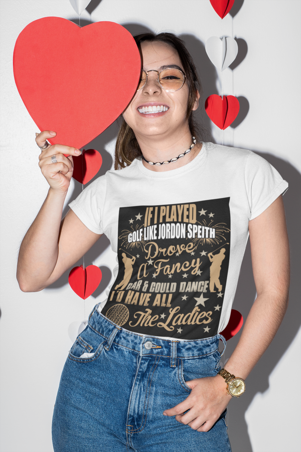 t shirt mockup of a smiling woman holding a paper heart 31241