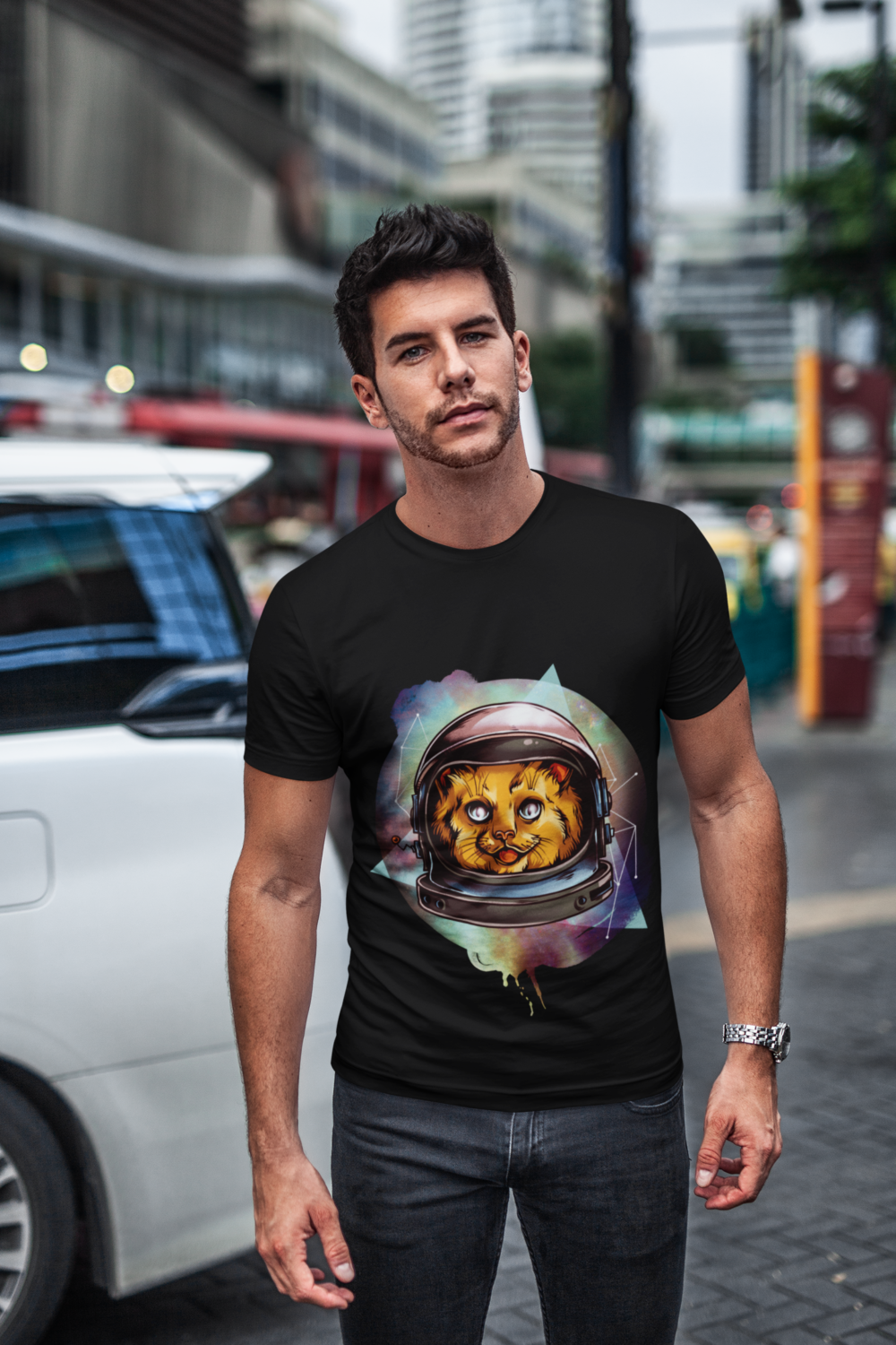 t shirt mockup of a stylish man in a crowded street 438 el 1