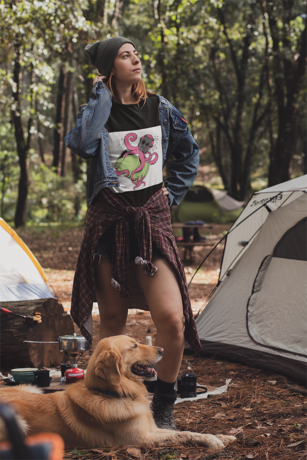 t shirt mockup of a woman at a camping site with her dog 30462 1