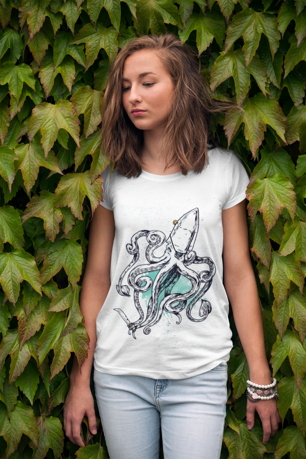 t shirt mockup of a young woman leaning on a wall of ivy 2761 el1