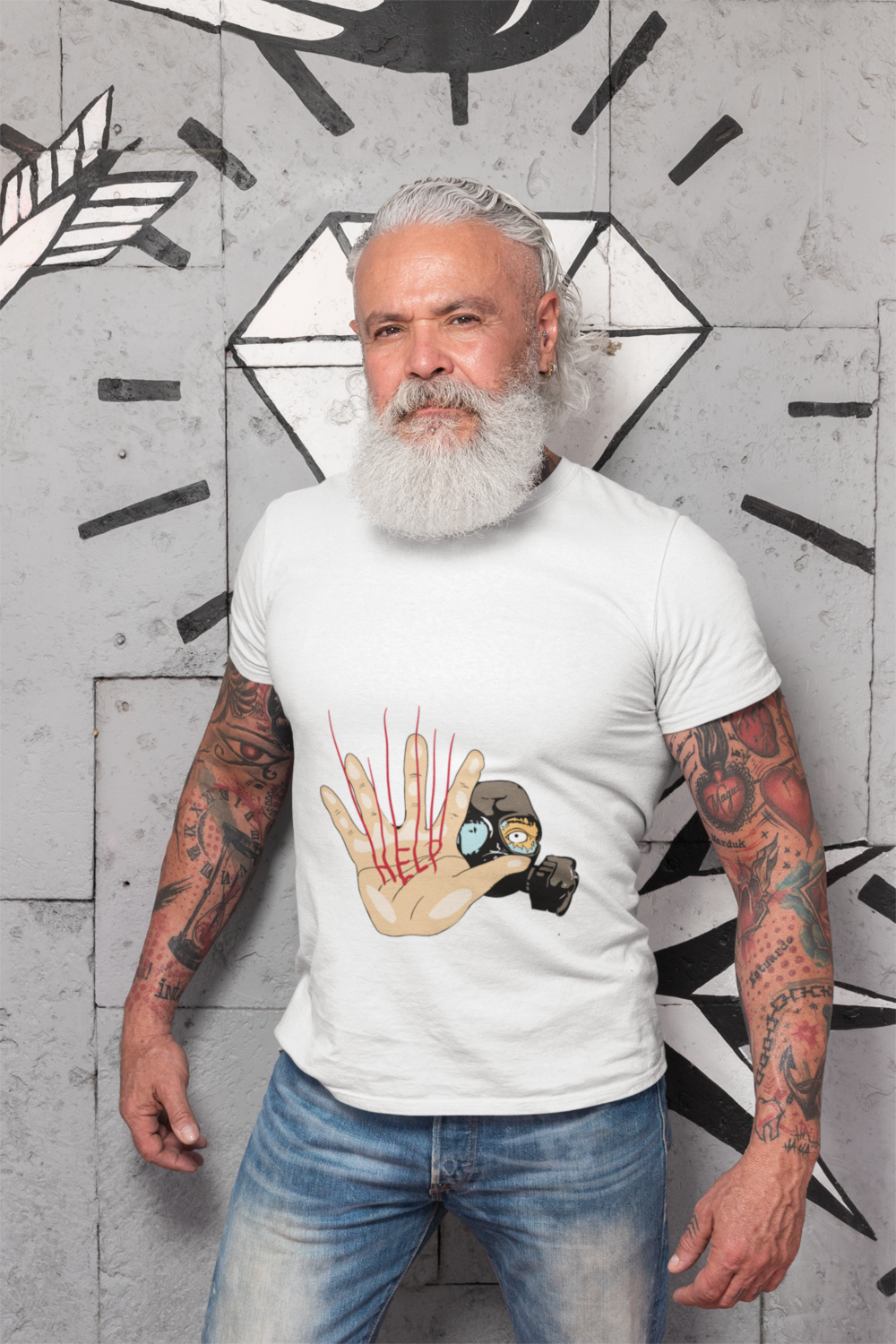 tee mockup featuring a senior man with a white beard and tattoos 28421